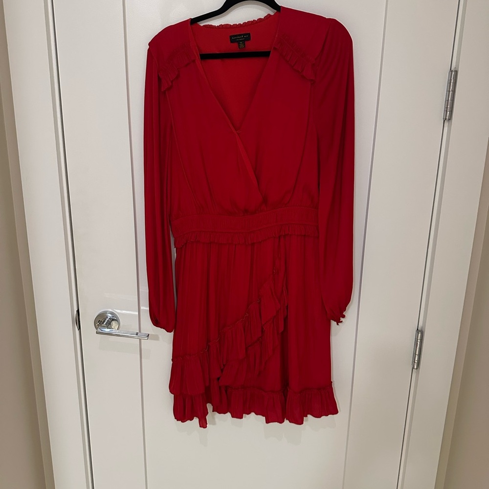 Current Air Red Ruffled Wrap Dress with Plunge Neckline